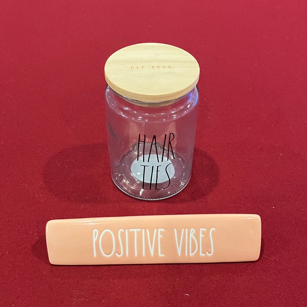 Rae Dunn Glass Jar with Peach Positive Vibes Sign